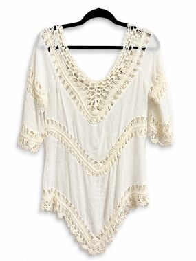 oho Crochet Lace Cream Tunic Top Size M Cottagecore Festival Beachy Sheer Blouse
